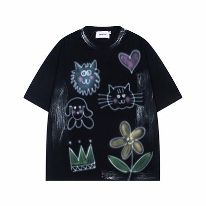 𝕃oose 𝔽it ☞𝟤𝟢𝟤𝟧 ☜美式復古卡通印花圓領男女中性 T-Shirt寬版上衣IN-3