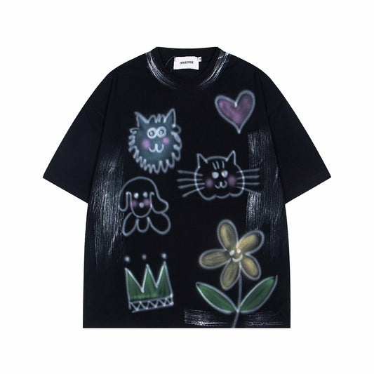 𝕃oose 𝔽it ☞𝟤𝟢𝟤𝟧 ☜美式復古卡通印花圓領男女中性 T-Shirt寬版上衣IN-3