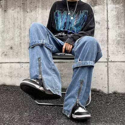 ♜  𝔽𝕦𝕤𝕚𝕠𝕟 𝔽𝕠𝕔𝕦𝕤  𖥟 𝖏𝖊𝖆𝖓𝖘  ☞新款藍色牛仔褲時尚寬鬆休閒褲潮流褲腳拉鏈設計直筒褲 D-103