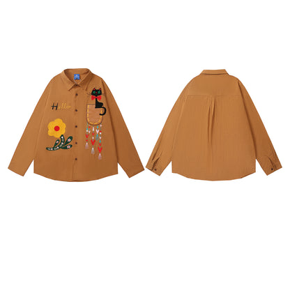 𝔼mbro 𝕊hirt𒉽2025秋冬卡通小貓刺繡寬鬆襯衫外套C-00