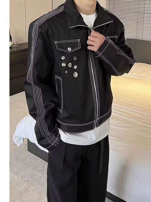 snɔoɟ uoı̣snɟ -  美式夾克男女中性風不規則設計感纽扣裝飾百搭寬鬆情侣休閒短外套 Bc-002