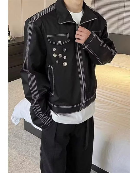 snɔoɟ uoı̣snɟ -  美式夾克男女中性風不規則設計感纽扣裝飾百搭寬鬆情侣休閒短外套 Bc-002