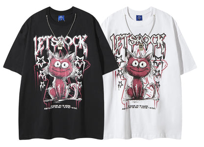 𝕃oose 𝔽it ☞𝟤𝟢𝟤𝟧 ☜美式復古趣味貓咪塗鴉印花風格男女中性 T-Shirt寬版上衣 RK83