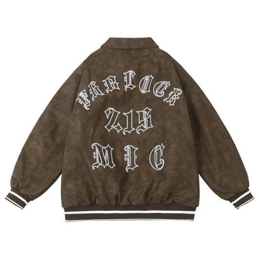 𝔽𝕦𝕤𝕚𝕠𝕟 𝔽𝕠𝕔𝕦𝕤 -ᴄʜɪᴄᴀɴᴏ♠︎悍匪♠︎  美式vitage復古花體字刺绣棉服加厚重磅oversize皮衣外套 W901