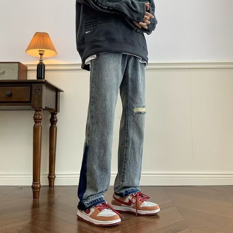 ♜  𝔽𝕦𝕤𝕚𝕠𝕟 𝔽𝕠𝕔𝕦𝕤  𖥟 𝖏𝖊𝖆𝖓𝖘  ☞ 水洗破洞牛仔褲春季新款潮牌ins時尚寬鬆休閒直筒褲 D-105