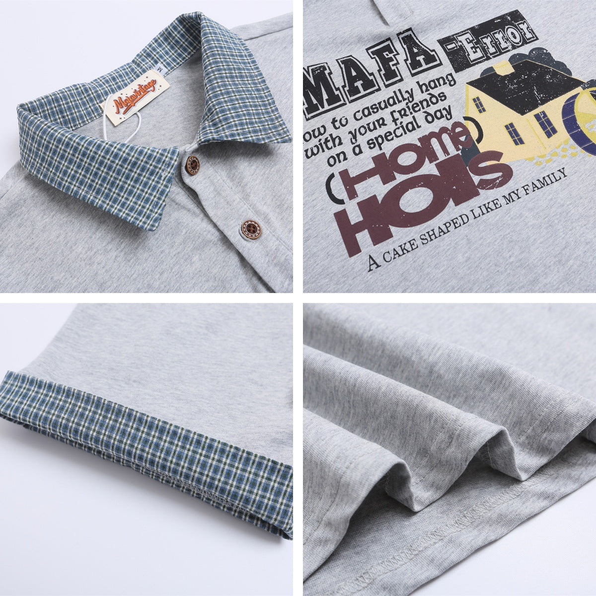 Polo Shirt𒉽美式復古印花拼接假兩件翻領POLO衫I-37