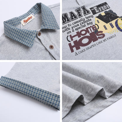 Polo Shirt𒉽美式復古印花拼接假兩件翻領POLO衫I-37
