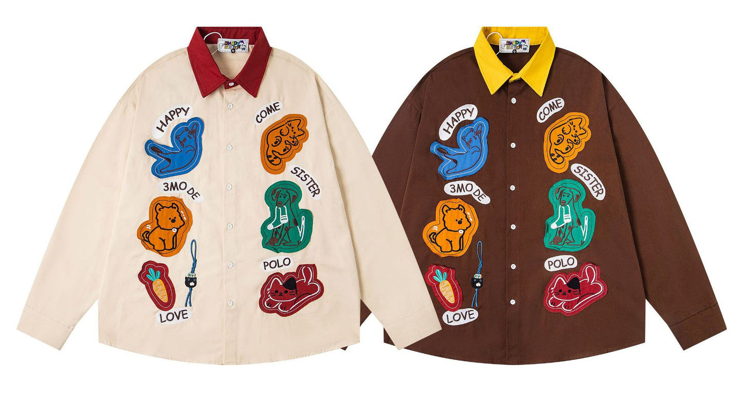 𝔼mbro 𝕊hirt𒉽2025秋冬撞色趣味貼布繡寬鬆襯衫MO-99