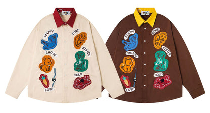 𝔼mbro 𝕊hirt𒉽2025秋冬撞色趣味貼布繡寬鬆襯衫MO-99