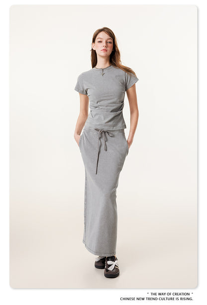 Fierce & Fitted 夏季辣妹必備INS緊身短款上衣 收腰直筒長裙套裝N-7 淺灰色