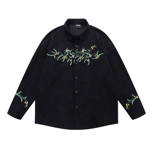 𝔼mbro 𝕊hirt𒉽秋冬復古刺花卉燈芯絨休閒襯衫YD-5