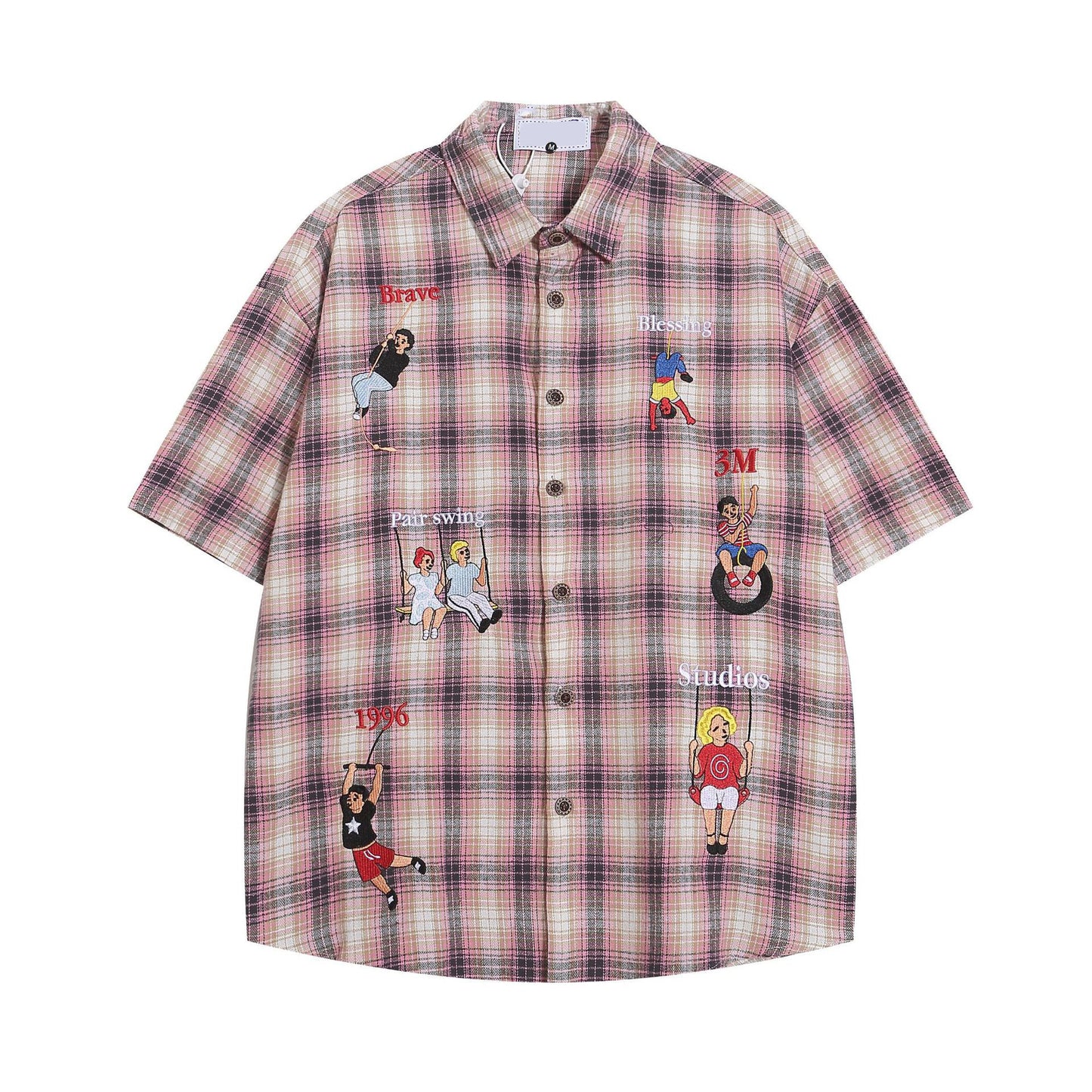 𝔼mbro 𝕊hirt𒉽美式復古街頭刺繡格子寬鬆襯衫P-6