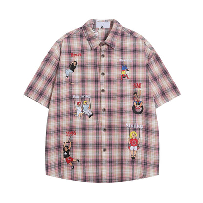𝔼mbro 𝕊hirt𒉽美式復古街頭刺繡格子寬鬆襯衫P-6