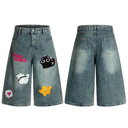 𖥟𝕽𝖊𝖑𝖆𝖝𝖊𝖉 𝖋𝖎𝖙  ☞美式復古水洗圖案刺繡牛仔七分褲G-83