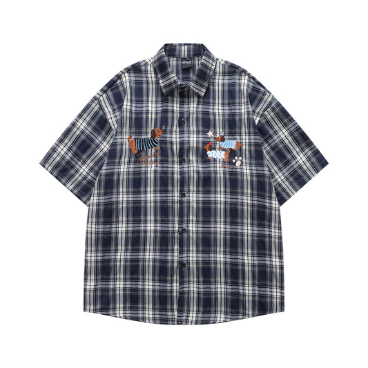 𝔼mbro 𝕊hirt𒉽美式復古臘腸狗刺繡百搭休閒襯衫Y-70