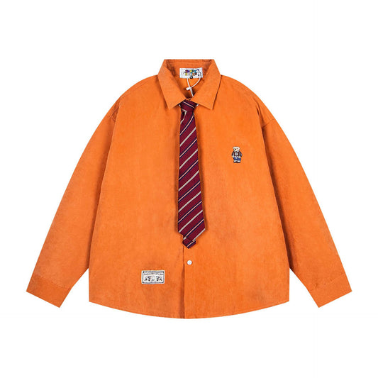 𝔼mbro 𝕊hirt𒉽2025秋冬領帶系列小熊刺繡格子寬鬆襯MO-18