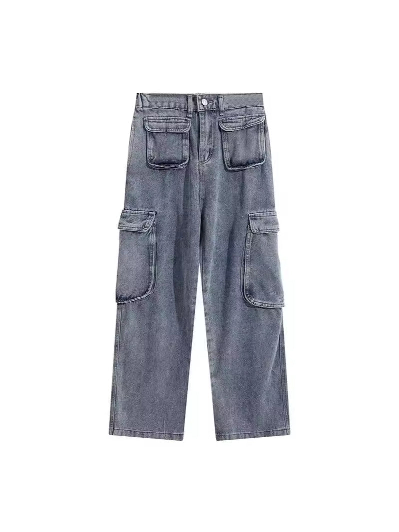 ♜  𝔽𝕦𝕤𝕚𝕠𝕟 𝔽𝕠𝕔𝕦𝕤  𖥟 𝖏𝖊𝖆𝖓𝖘  ☞ 美式復古做舊闊腿潮多口袋工裝男女時髦高街設計感直筒長褲牛仔褲 B-19