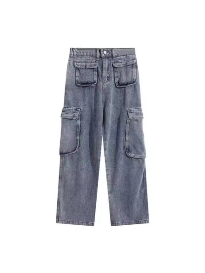 ♜  𝔽𝕦𝕤𝕚𝕠𝕟 𝔽𝕠𝕔𝕦𝕤  𖥟 𝖏𝖊𝖆𝖓𝖘  ☞ 美式復古做舊闊腿潮多口袋工裝男女時髦高街設計感直筒長褲牛仔褲 B-19