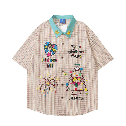 𝔼mbro 𝕊hirt𒉽美式復古趣味刺繡格子寬鬆襯衫CH-35