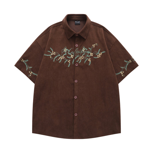 𝔼mbro 𝕊hirt𒉽美式復古花卉刺繡燈芯絨短袖寬鬆襯衫Y-7