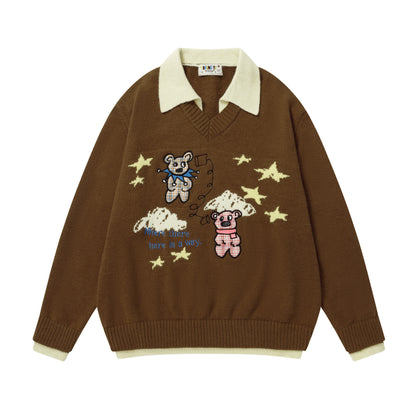ⓀⓃⒾⓉ𒉽2025秋冬復古撞色慵懶小熊翻領針織 M-16