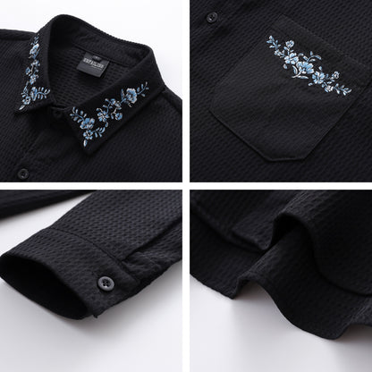 𝔼mbro 𝕊hirt𒉽2025秋冬復古花卉刺繡華夫格襯衫外套Y-86