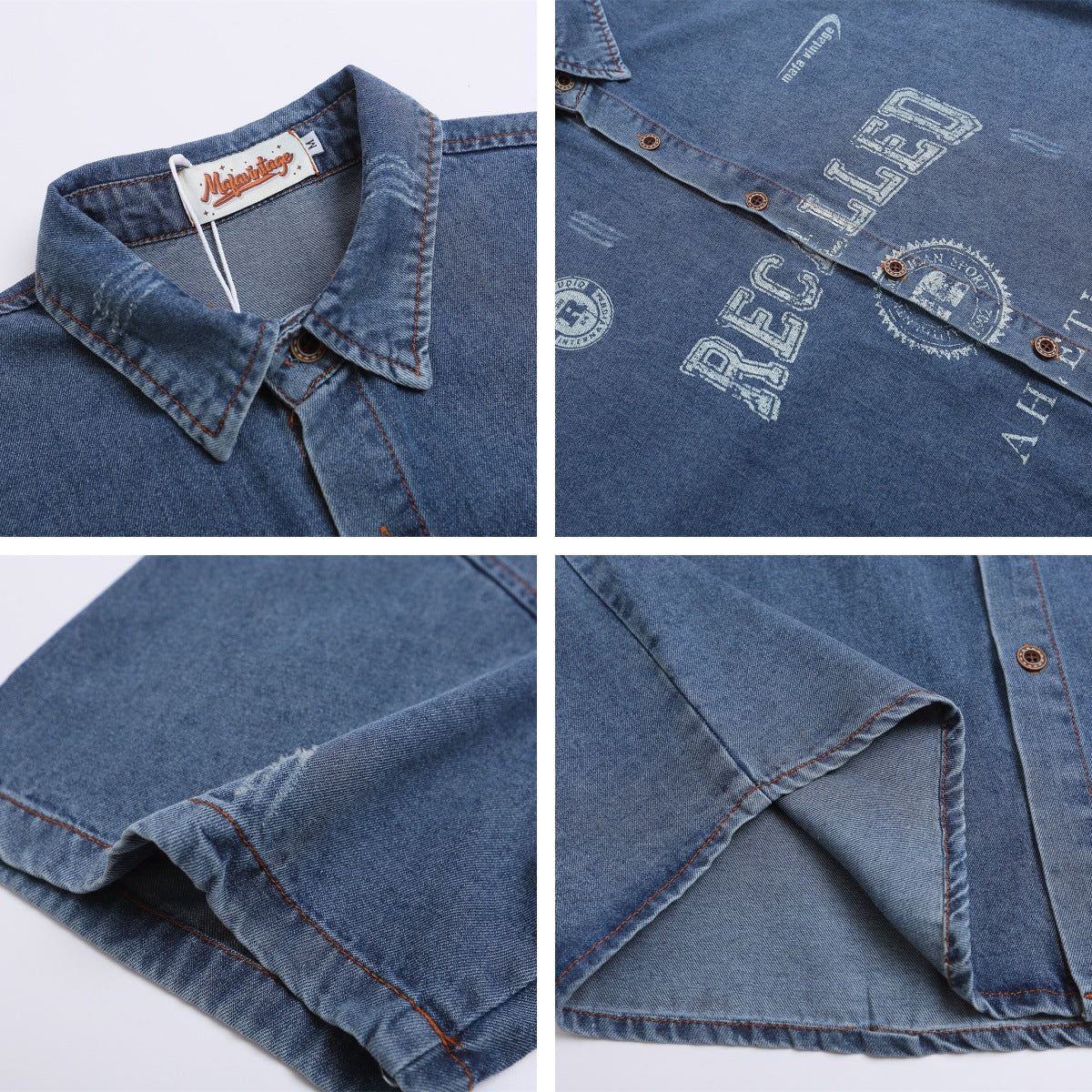 𝕃oose 𝔽it ☞𝟤𝟢𝟤𝟧 ☜美式復古RECALLED字母印花牛仔寬鬆襯衫 INS-7