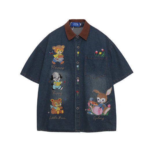 𝔼mbro 𝕊hirt𒉽趣味卡通繡花短袖牛仔襯衫外套