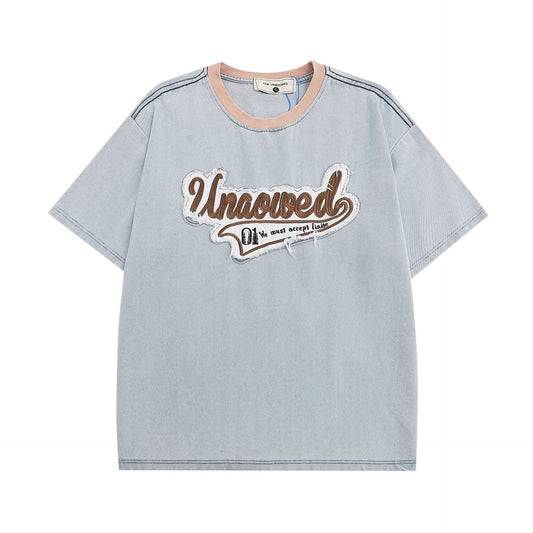 𝕃oose 𝔽it ☞𝟤𝟢𝟤𝟧 ☜美式復古復古做舊字母刺繡男女中性 T-Shirt寬版上衣 TH-8#