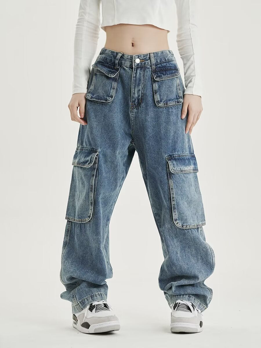 ♜  𝔽𝕦𝕤𝕚𝕠𝕟 𝔽𝕠𝕔𝕦𝕤  𖥟 𝖏𝖊𝖆𝖓𝖘  ☞ 美式復古做舊闊腿潮多口袋工裝男女時髦高街設計感直筒長褲牛仔褲 B-19