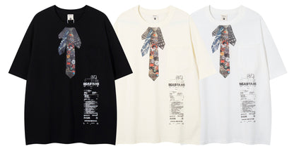 𝕃oose 𝔽it ☞𝟤𝟢𝟤𝟧 ☜美式復古領帶印花圓領T-Shirt寬版上衣A-9