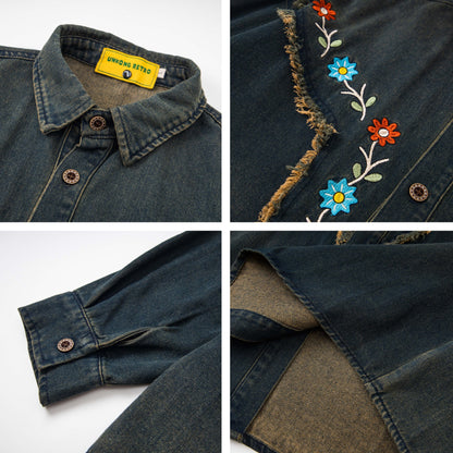 𝔼mbro 𝕊hirt𒉽2025秋冬水洗小花刺繡牛仔寬鬆襯衫U-79