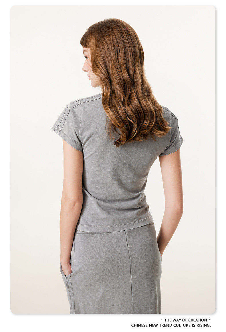 Fierce & Fitted 夏季辣妹必備INS緊身短款上衣 收腰直筒長裙套裝N-7 淺灰色