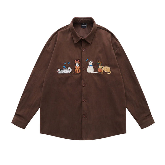 𝔼mbro 𝕊hirt𒉽日式可愛貓咪刺繡設計感燈芯絨寬鬆襯衫外套(棕色)