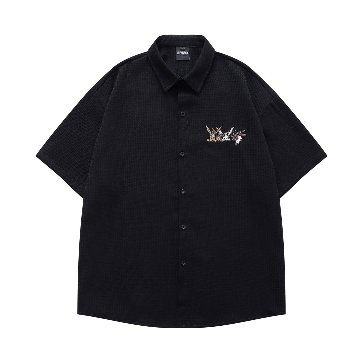 𝔼mbro 𝕊hirt𒉽日式復古兔子刺繡華夫格百搭寬鬆襯衫YD-01