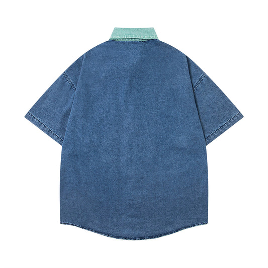 𝔼mbro 𝕊hirt𒉽美式復古水洗撞色卡通貼布繡牛仔寬鬆襯衫外套 M-373