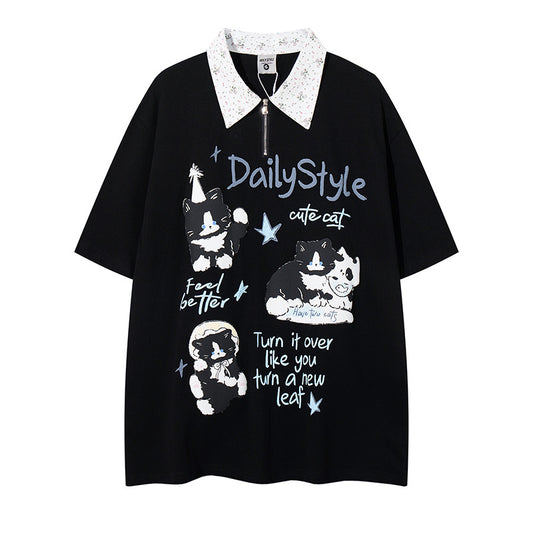 Polo Shirt𒉽美式復古貓咪印花翻領半拉鍊POLO衫 DA-7