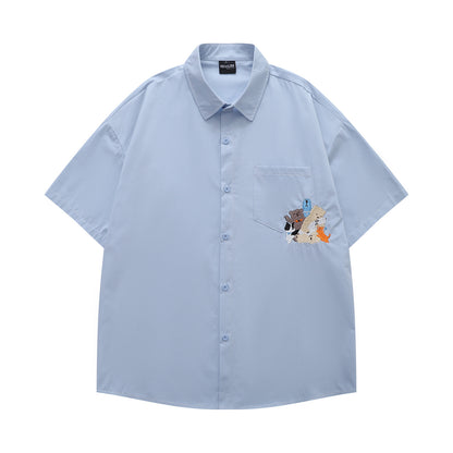 𝔼mbro 𝕊hirt𒉽日式復古可愛刺繡短袖百搭休閒襯衫  (藍色)