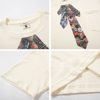 𝕃oose 𝔽it ☞𝟤𝟢𝟤𝟧 ☜美式復古領帶印花圓領T-Shirt寬版上衣A-9