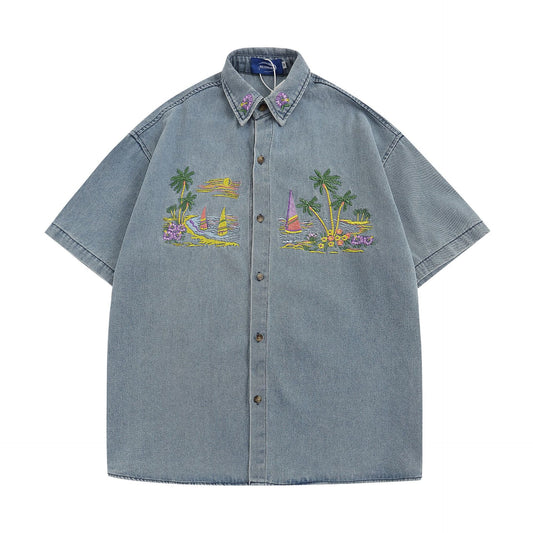 𝔼mbro 𝕊hirt𒉽美式復古夏日椰子風刺繡牛仔寬鬆短袖襯衫外套