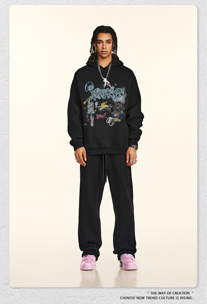 ♛𝔽𝕦𝕤𝕚𝕠𝕟 𝔽𝕠𝕔𝕦𝕤 ♛2025秋冬高磅水洗印花寬鬆落肩帽T 506