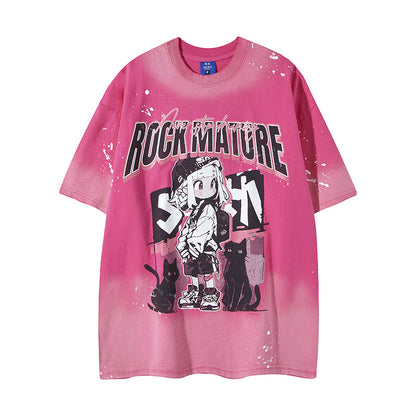 𝕃oose 𝔽it ☞𝟤𝟢𝟤𝟧 ☜美式復古渲染系列女孩印花男女中性 T-Shirt寬版上衣 RK-89