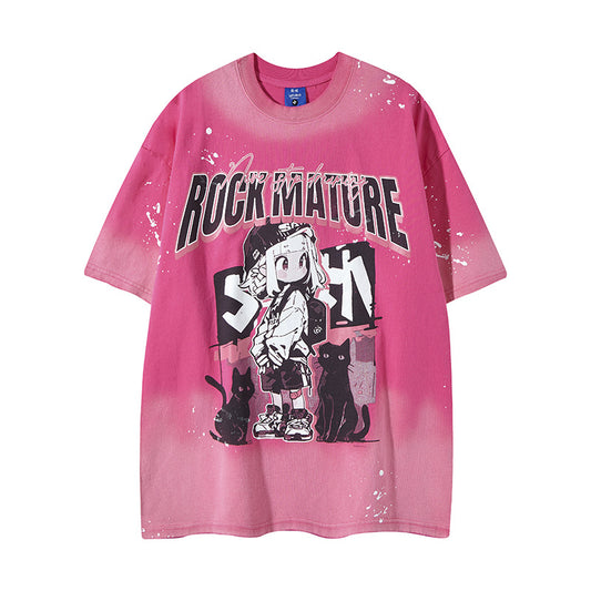 𝕃oose 𝔽it ☞𝟤𝟢𝟤𝟧 ☜美式復古渲染系列女孩印花男女中性 T-Shirt寬版上衣 RK-89