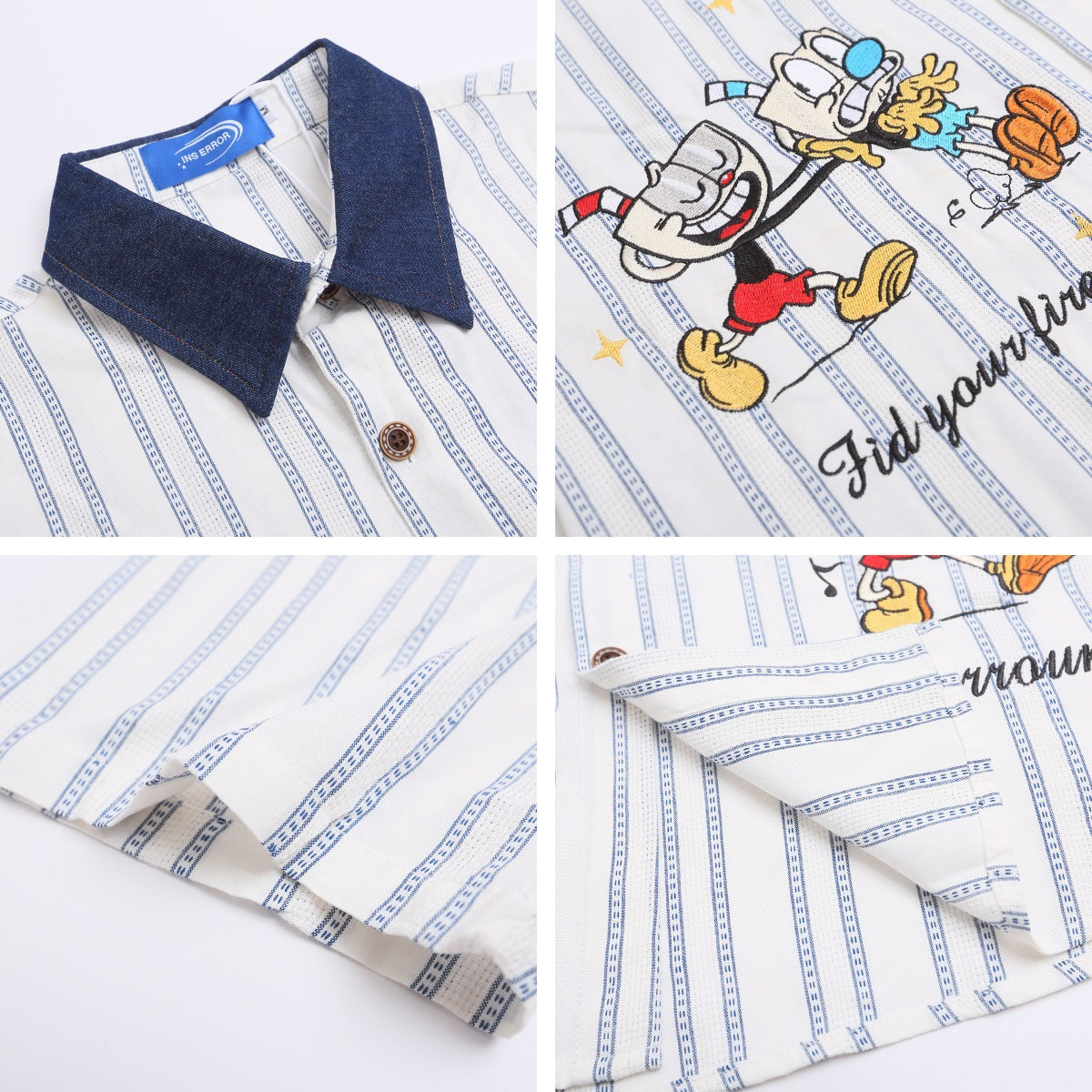 𝔼mbro 𝕊hirt𒉽美式復古卡通刺繡寬鬆條紋襯衫 IN-13