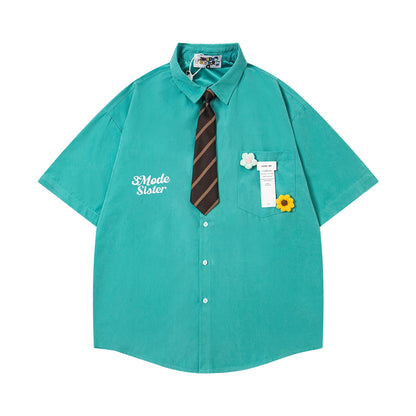 𝕃oose 𝔽it ☞𝟤𝟢𝟤𝟧 ☜領帶系列刺繡小花百搭休閒寬鬆襯衫M-369