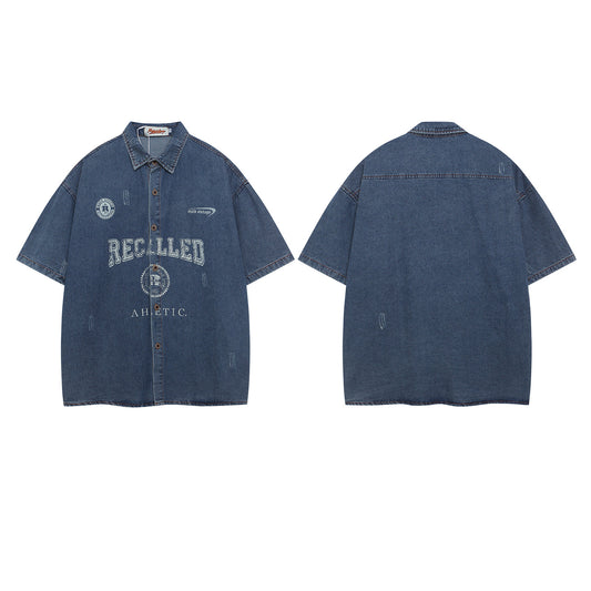 𝕃oose 𝔽it ☞𝟤𝟢𝟤𝟧 ☜美式復古RECALLED字母印花牛仔寬鬆襯衫 INS-7