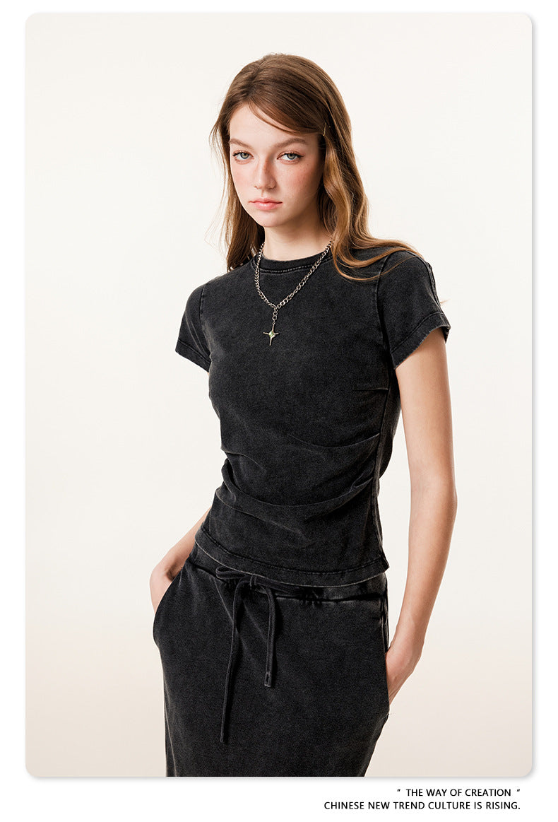 Fierce & Fitted 夏季辣妹必備INS緊身短款上衣 收腰直筒長裙套裝N-7 復古黑