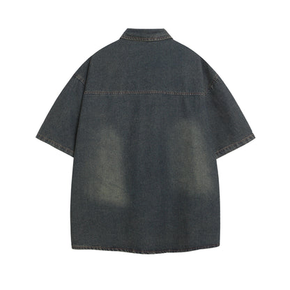 𝕃oose 𝔽it ☞𝟤𝟢𝟤𝟧 ☜美式復古水洗拼接短袖牛仔襯衫 IN-6