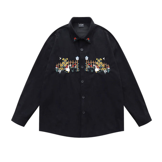 𝔼mbro 𝕊hirt𒉽日式復古刺繡設計感燈芯絨寬鬆襯衫外套(黑色)