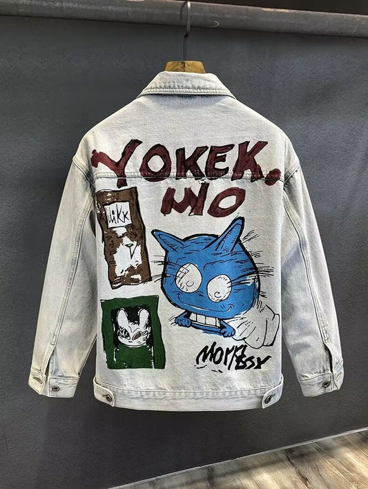 snɔoɟ uoı̣snɟ - 美式街頭做舊時尚卡通印花水洗高街牛仔夾克外套 Bc-007